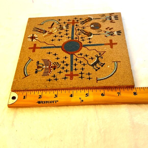 Navajo Indian Sand Art Creation Coyote Stealing Fire 8x8" Tile Todacheenie - Picture 8 of 9